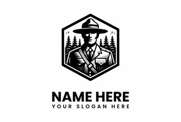 Monochrome Ranger Emblem Forest Guardian in Geometric Frame with Stars.