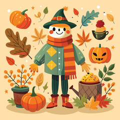 Friendly cartoon scarecrow surrounded by autumn elements like pumpkins leaves and plants in a cheerful illustration