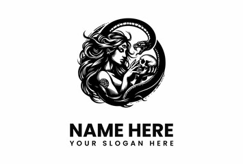 Mystical Woman with Snake and Skull Symbolic Black and White Illustration.