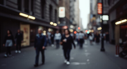 Blurred image of pedestrians walking along a city street, with buildings and lights visible in the background.