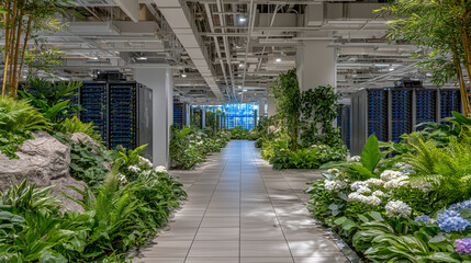 Wide-angle view of modern green data center, where clean-lined server aisles run parallel to bamboo planters and ivy-covered partitions, showcasing an environmentally conscious fut
