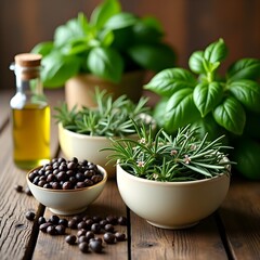 Fresh green herbs like rosemary are crushed in a wooden mortar and pestle for cooking