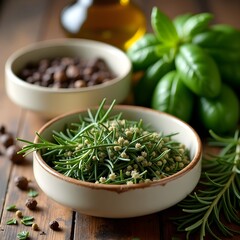 Fresh rosemary, thyme, and other green herbs are being crushed into a healthy, fragrant seasoning inside a mortar and pestle