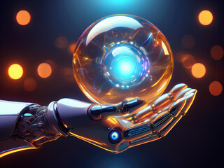 Cybernetic grip on glowing sphere to teach children about robotics and future systems
Robot hand holding light orb to inspire youth about machine learning and tech ethics