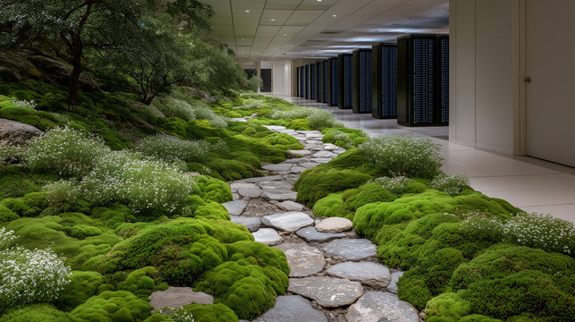 Minimalist data center design where energy-efficient black servers contrast with the natural tones of moss-covered walls and planted pathways, expressing environmental harmony in t