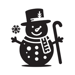 black Snowman with hat and carrot nose Silhouette Vector, High Quality Illustration on White Background