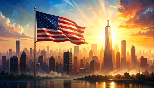 American Flag Waving Over City Skyline at Sunset, Patriotic Concept - Powered by Adobe