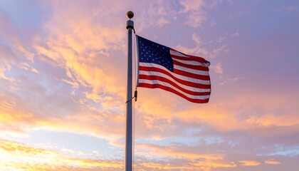 Waving American Flag Against Colorful Sunset Sky Background