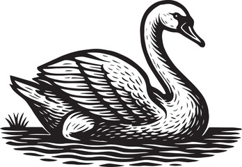 Elegant swan gliding across calm water in bold black-and-white linocut style, symbolizing grace and serenity.