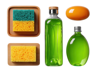 Eco-Friendly Essentials: An assortment of sustainable cleaning and self-care products, including natural soaps, sponge, and eco-friendly liquid soap. It embodies a conscious choice for a greener.