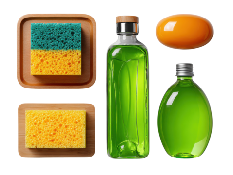 Eco-Friendly Essentials: An assortment of sustainable cleaning and self-care products, including natural soaps, sponge, and eco-friendly liquid soap. It embodies a conscious choice for a greener.