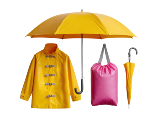Yellow Rain Gear: A vibrant collection of yellow and pink rain gear, including a stylish raincoat, a large umbrella, and a compact umbrella, offering a practical and colorful solution for rainy days.