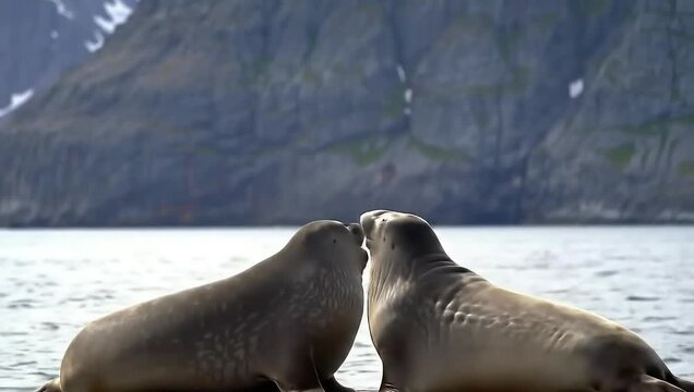 Slow motion of Male southern elephant seal (mirounga leonina) fighting each other, South Georgia and the Sandwich Islands, Antarctica.
