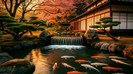 Waterfall in autumn park