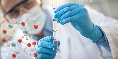 Scientist in blue gloves conducts research with syringe and molecular model