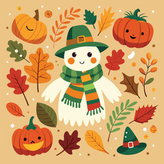 Cute cartoon scarecrow wearing a hat and scarf surrounded by smiling pumpkins and colorful autumn leaves