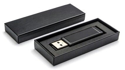 Black usb flash drive in elegant black gift box isolated on white background for technology storage and data transfer concept

