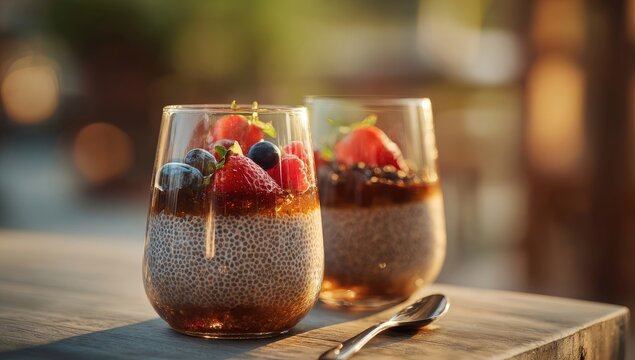 Two glasses of chia seed pudding, topped with fresh berries and granola, bathed in warm sunlight