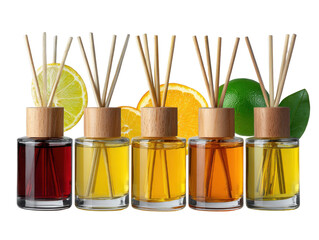 Aromatic Elegance: A curated collection of luxury reed diffusers, each infused with a unique fragrance and accompanied by fresh citrus fruit, creating an ambiance of refined serenity.