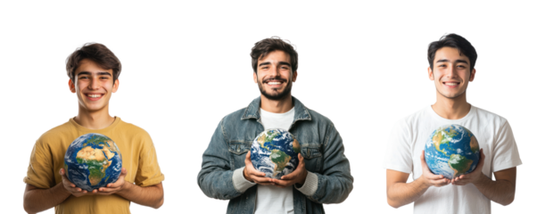 Collection of Smiling young man holding earth, Earth day celebration isolate on transparent background