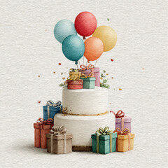 watercolor cake birthday illustration generative AI