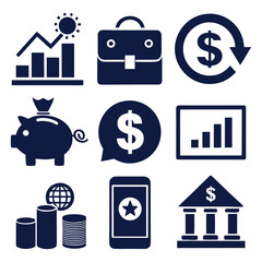 Collection of finance and business icons representing growth investment savings banking and mobile transactions