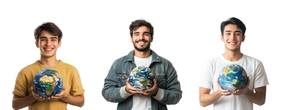 Collection of Smiling young man holding earth, Earth day celebration isolate on transparent background - Powered by Adobe