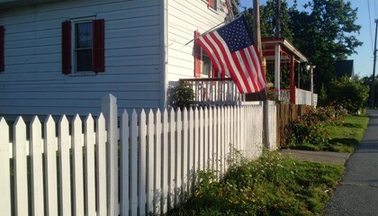 American Flag Displayed on White House with White Picket Fence on Sunny Day