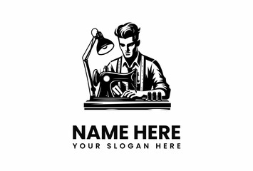 Stylish Tailor Working at Vintage Sewing Machine Under Lamplight.