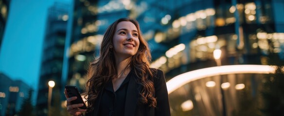 The cheerful woman enjoying her smartphone in a vibrant cityscape at night.