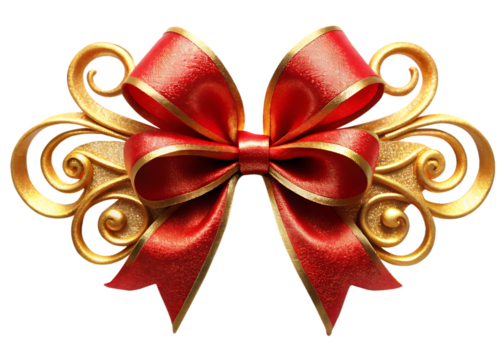 Elegant red ribbon bow with ornate gold swirls on black background