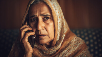 Naklejka premium Vulnerable senior indian woman talking on the phone to a scammer. AI fraud phone scam. Vulnerable lonely elderly pensioner using mobile. Artificial intelligence scamming. Bank fraud 
