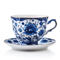 Ornamental Blue And White Porcelain Teacup And Saucer