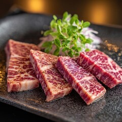 Four Slices Of Raw Beef Steak On Dark Plate