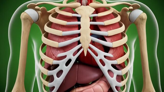 Human anatomy showing skeleton and internal organs, 3D render