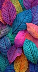 Fototapeta premium Vibrant, colorful leaves densely packed together, showcasing a spectrum of hues. Close-up view