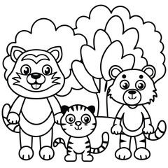 Cute cartoon tiger family with playful cubs standing together in a forest setting with trees