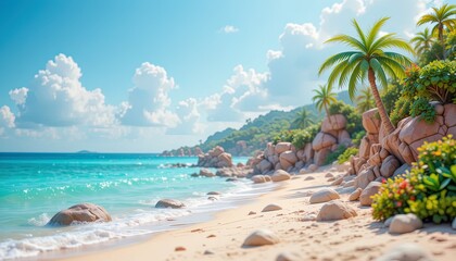 Tropical beach scene with lush vegetation and clear turquoise water.