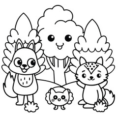 Obraz premium Cute kawaii woodland animals and trees coloring page for kids