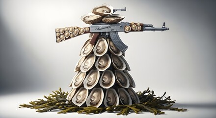 Oyster Shell Tree of Arms: A Conceptual AK-47 Sculpture on Seaweed