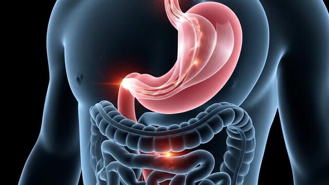 Human digestive system, stomach, and intestines. Suitable for medical, educational, or healthrelated content needing visuals of the digestive system.