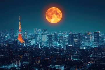 Obraz premium Night city skyline, orange moon