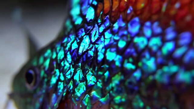 Vibrant Close-Up of Colorful Fish Scales Highlighting Iridescent Blue and Green Hues in Underwater Environment