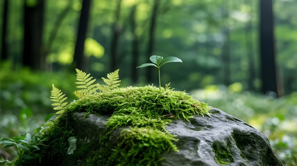 Lush green forest, thick moss-covered rock, delicate fern fronds, dappled sunlight, natural texture, serene, tranquil, fantasy, detailed