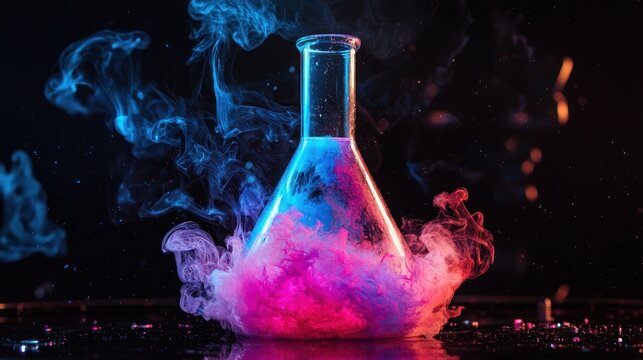 A colorful, glowing liquid in a conical flask with smoke and steam, emitting a vibrant blue and pink hue against a dark background.
