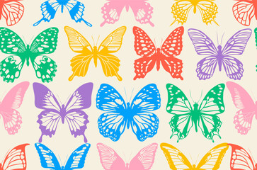 Obraz premium Seamless pattern with butterflies. Butterfly silhouette seamless pattern background design template. Random colorful butterfly, cute girly pastel. Vector graphics, illustration.