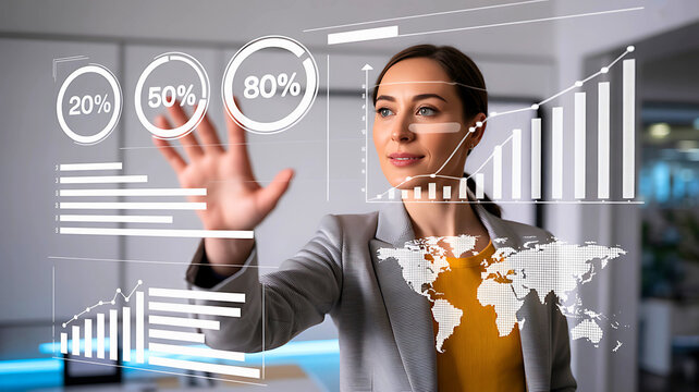 Confident businesswoman interacting with a futuristic virtual reality dashboard displaying global business analytics and statistics. - Powered by Adobe
