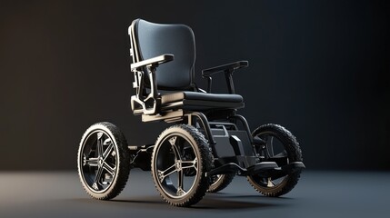 Fototapeta premium A futuristic, black electric wheelchair with large, rugged tires and a sleek, modern design, against a dark background.