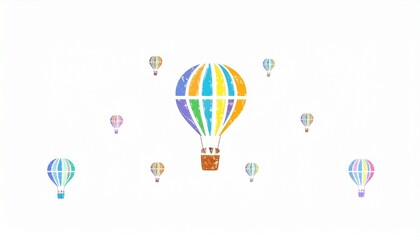 Creative, digital abstract and children style colorful icon of hot air balloon with colorful happy icons, symbols