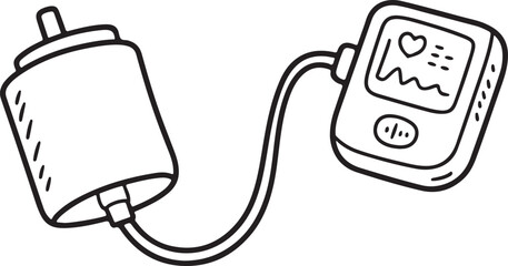 Blood Pressure Monitor with Cuff in Doodle Style Vector Illustration
